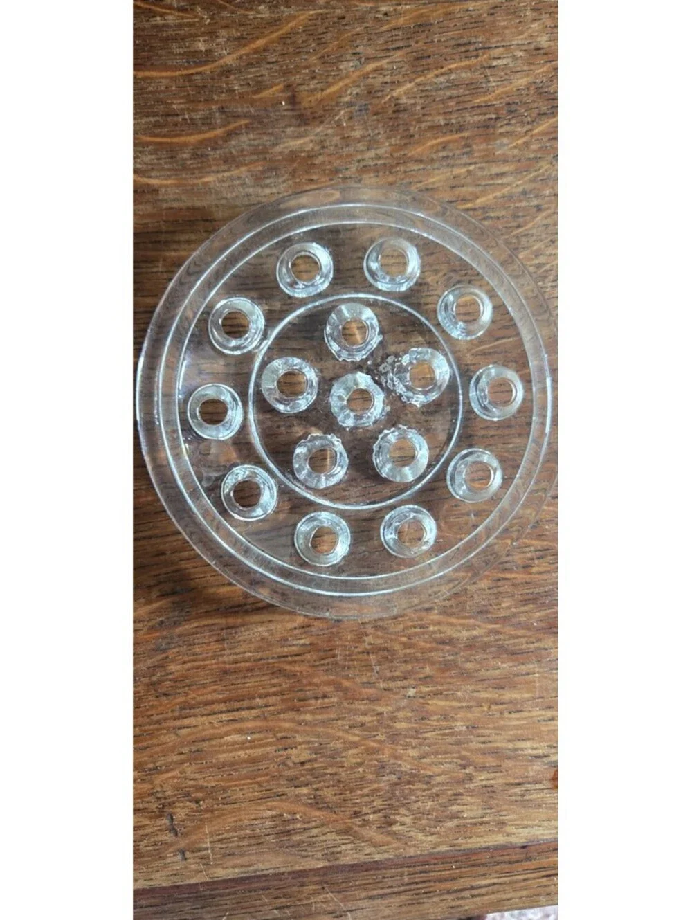 Vintage Clear Round Glass 16 Hole Flower Frog Flowers Arrangements Holder 5”